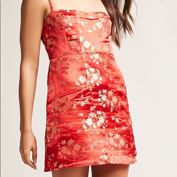 red floral satin dress